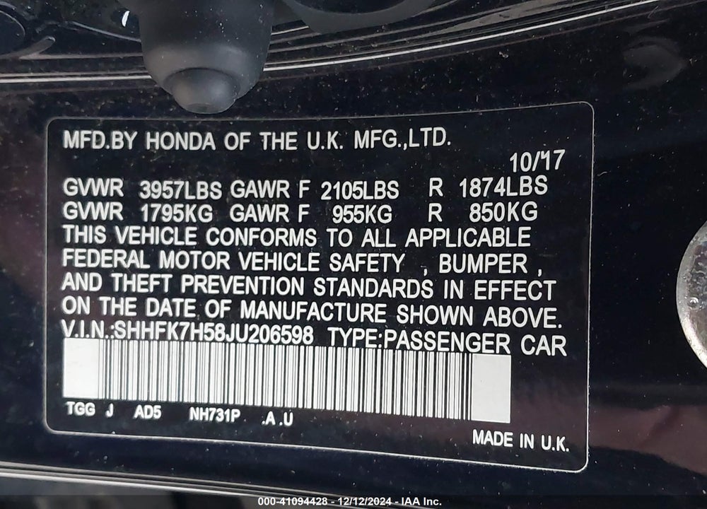 2018 HONDA CIVIC VIN: SHHFK7H58JU206598
