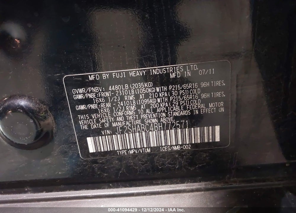 2011 SUBARU FORESTER 2.5X VIN: JF2SHABC4BH772571