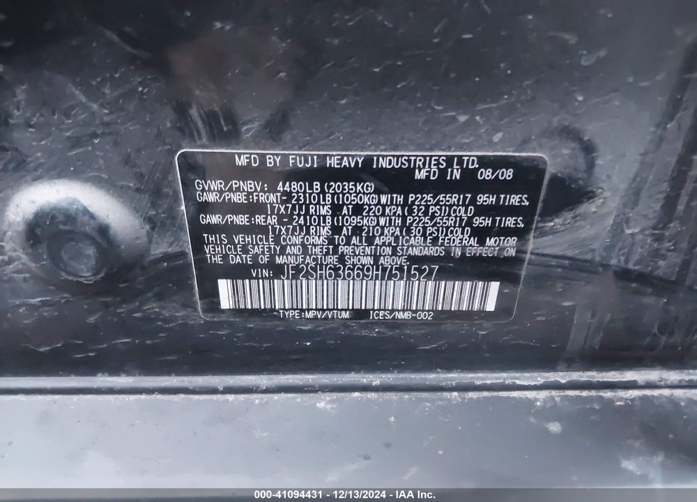 2009 SUBARU FORESTER 2.5X VIN: JF2SH63669H751527