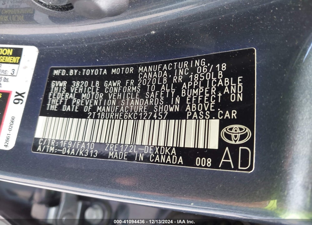 2019 TOYOTA COROLLA VIN: 2T1BURHE6KC127457