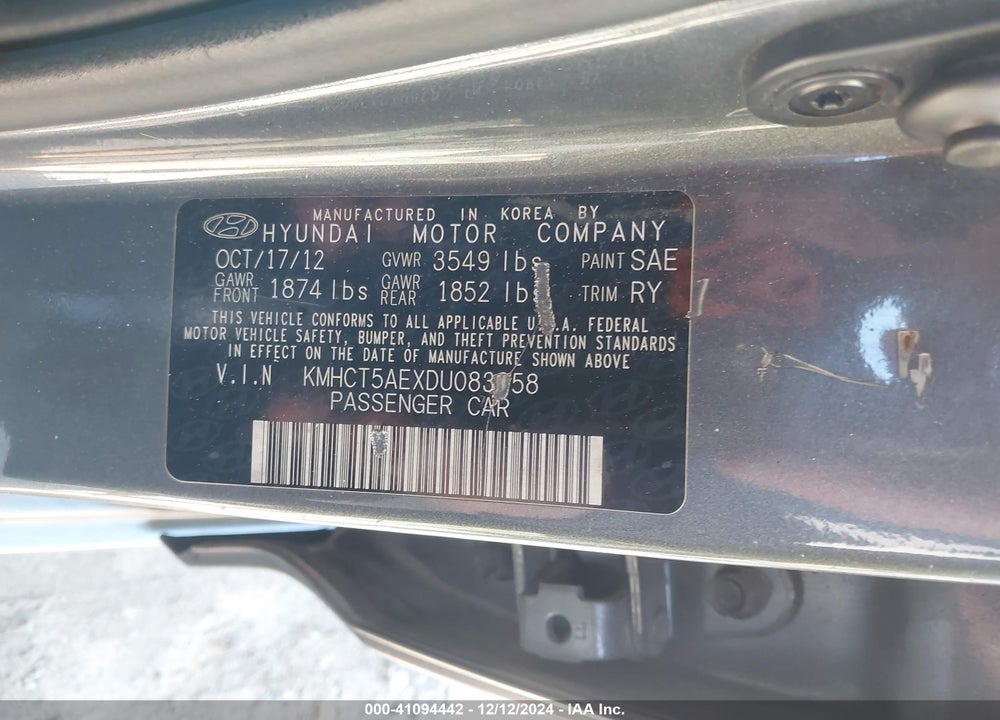2013 HYUNDAI ACCENT GS VIN: KMHCT5AEXDU083958