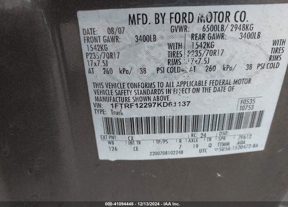 2007 FORD F150 VIN: 1FTRF12297KD61137