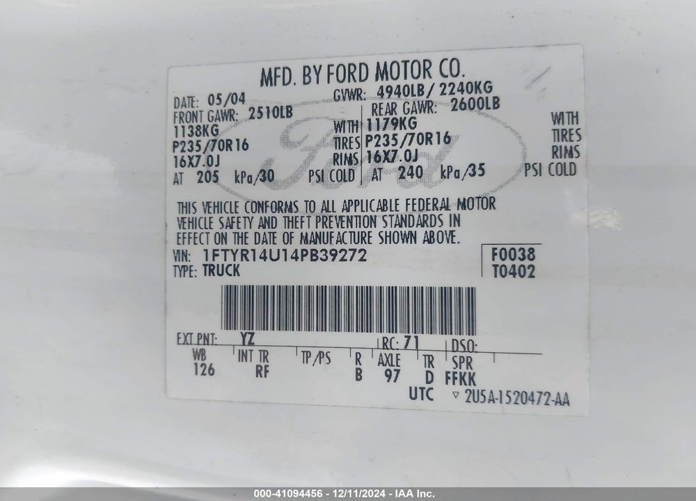 2004 FORD RANGER EDGE/TREMOR/XL/XLT VIN: 1FTYR14U14PB39272
