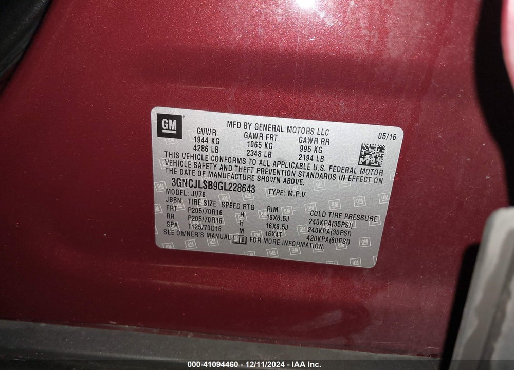 2016 CHEVROLET TRAX LT VIN: 3GNCJLSB9GL228643