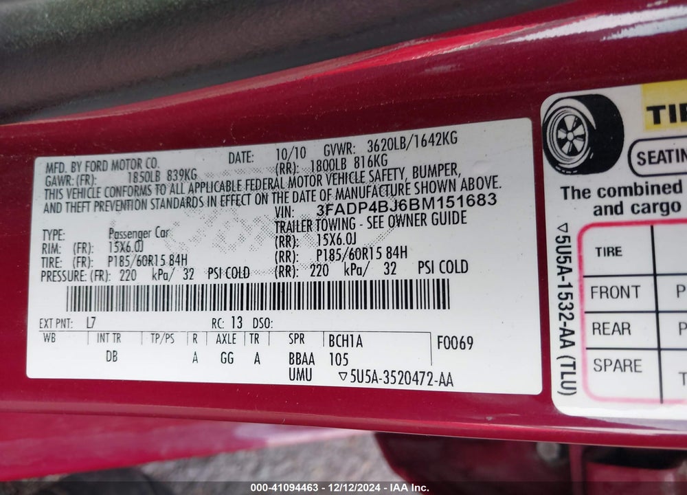 2011 FORD FIESTA SE VIN: 3FADP4BJ6BM151683