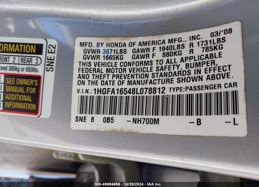 2008 HONDA CIVIC VIN: 1HGFA16548L078812