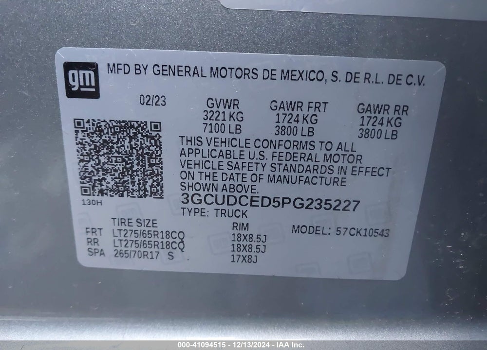 2023 CHEVROLET SILVERADO 1500 4WD SHORT BED CUSTOM TRAIL BOSS VIN: 3GCUDCED5PG235227