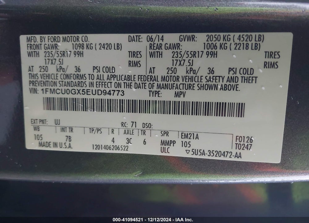 2014 FORD ESCAPE VIN: 1FMCU0GX5EUD94773