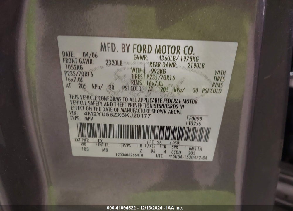 2006 MERCURY MARINER CONVENIENCE VIN: 4M2YU56ZX6KJ20177