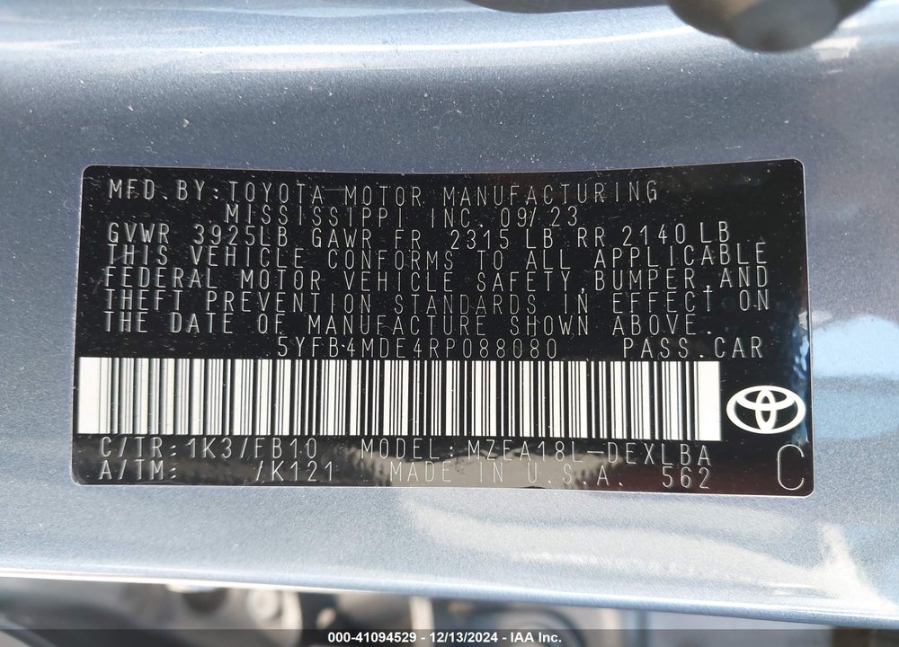 2024 TOYOTA COROLLA LE VIN: 5YFB4MDE4RP088080