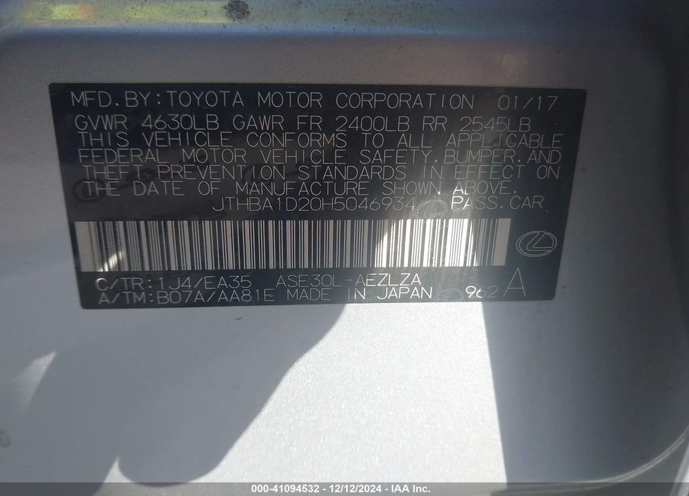 2017 LEXUS IS 200T VIN: JTHBA1D20H5046934