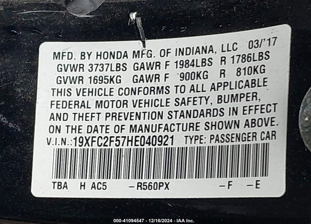 2017 HONDA CIVIC VIN: 19XFC2F57HE040921