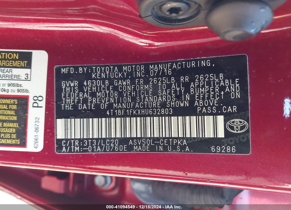 2017 TOYOTA CAMRY XSE VIN: 4T1BF1FKXHU632803