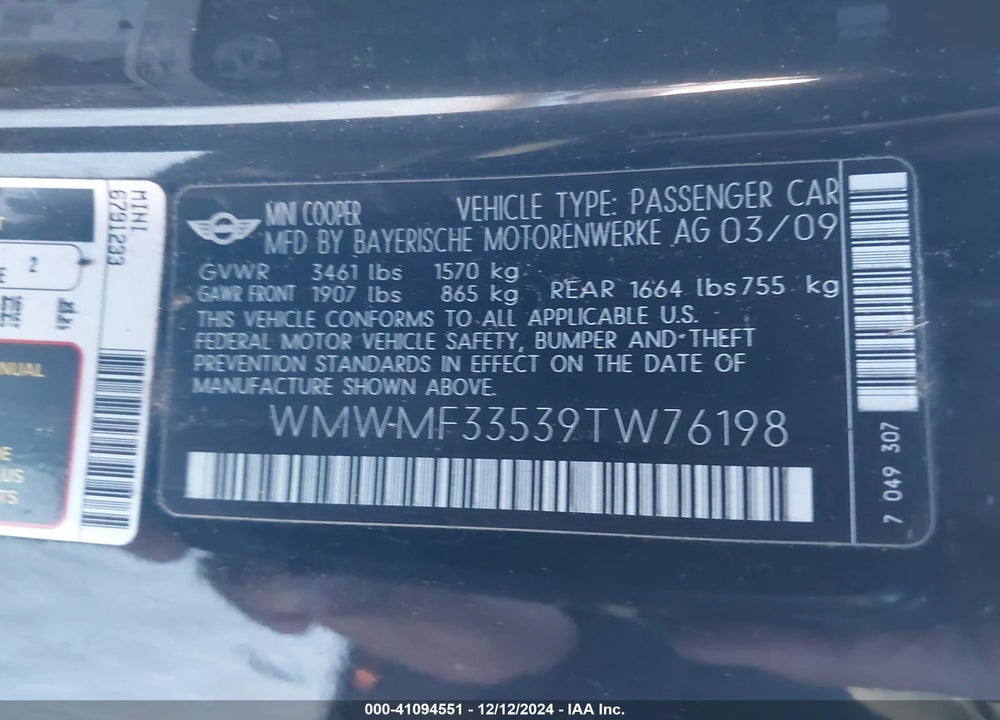 2009 MINI COOPER VIN: WMWMF33539TW76198