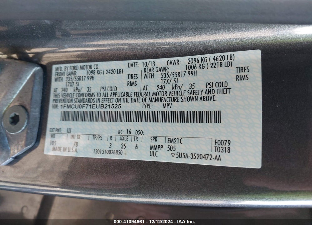 2014 FORD ESCAPE S VIN: 1FMCU0F71EUB21525