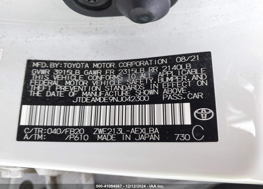 2022 TOYOTA COROLLA VIN: JTDEAMDE9NJ042300
