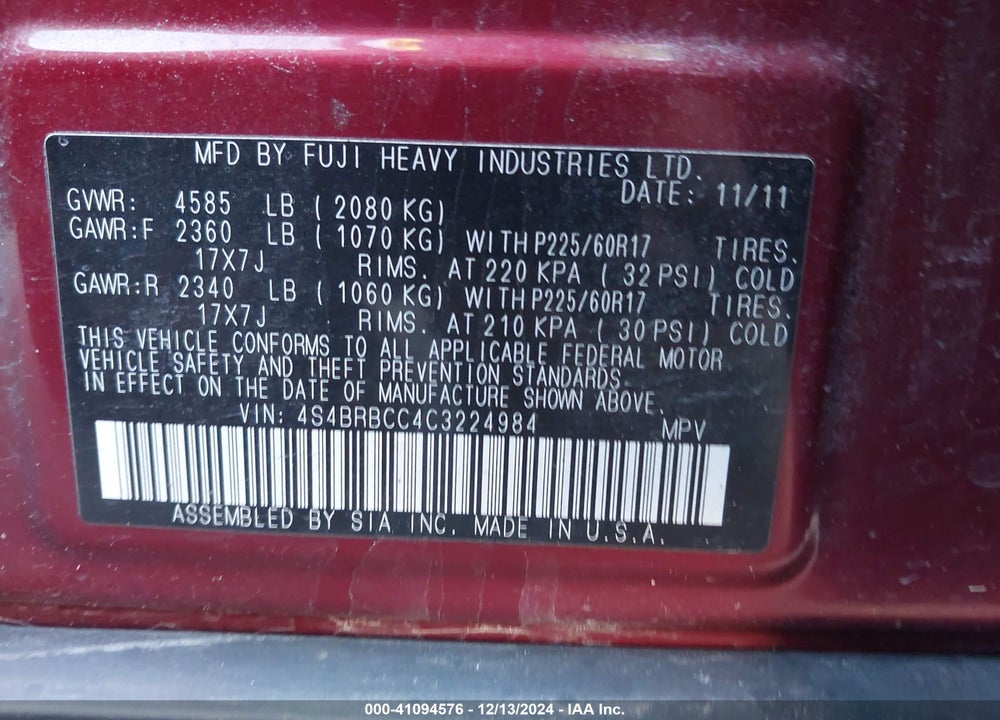 2012 SUBARU OUTBACK 2.5I PREMIUM VIN: 4S4BRBCC4C3224984