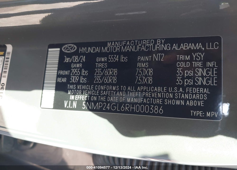 2024 HYUNDAI SANTA FE SEL VIN: 5NMP24GL6RH000386