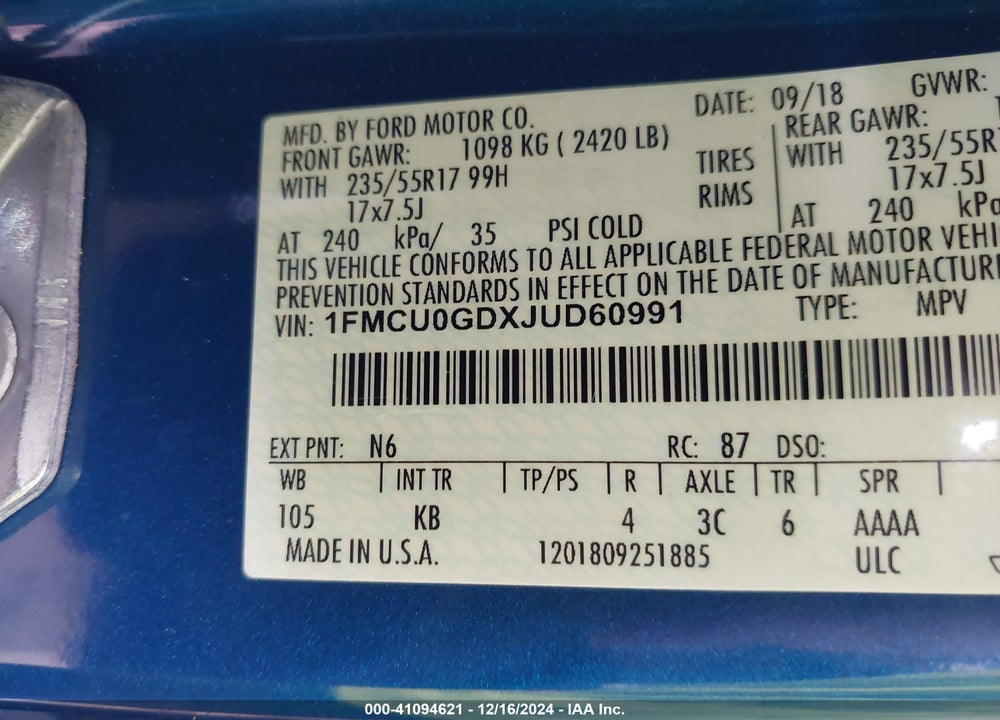 2018 FORD ESCAPE SE VIN: 1FMCU0GDXJUD60991