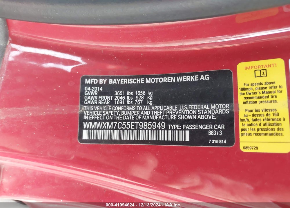 2014 MINI HARDTOP COOPER S VIN: WMWXM7C55ET985949