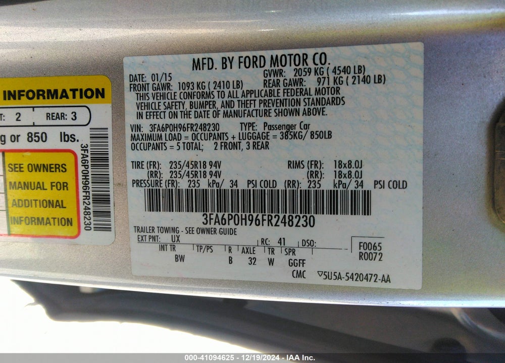 2015 FORD FUSION SE VIN: 3FA6P0H96FR248230