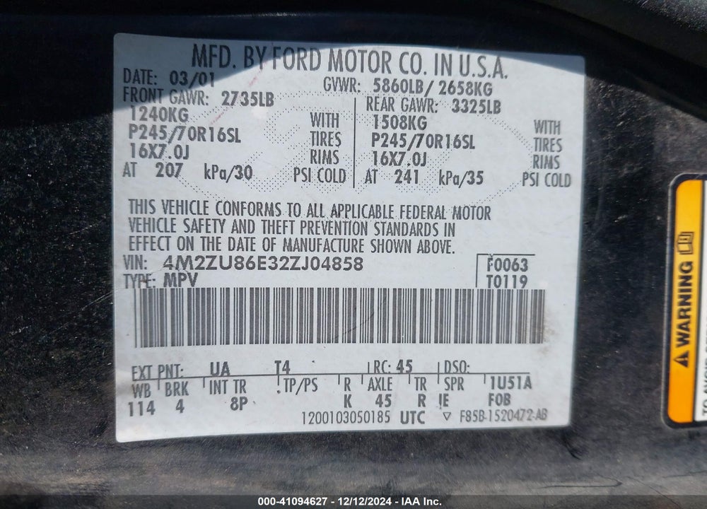 2002 MERCURY MOUNTAINEER VIN: 4M2ZU86E32ZJ04858