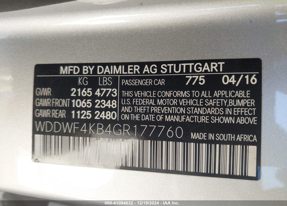 2016 MERCEDES-BENZ C 300 4MATIC/LUXURY 4MATIC/SPORT 4MATIC VIN: WDDWF4KB4GR177760