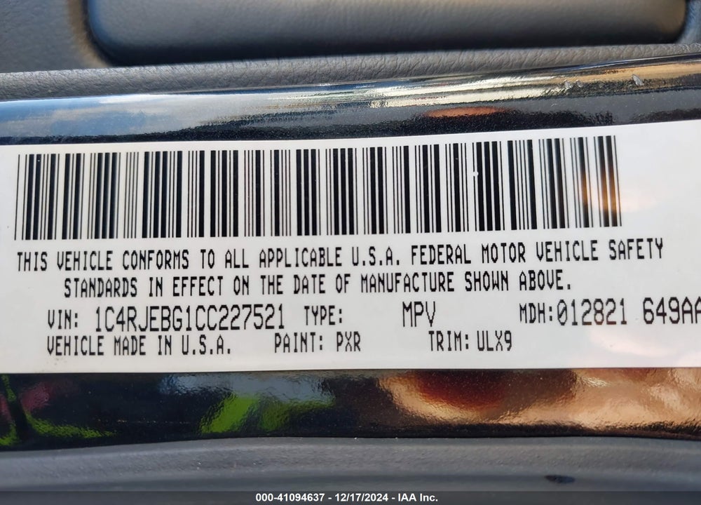 2012 JEEP GRAND CHEROKEE LIMITED VIN: 1C4RJEBG1CC227521