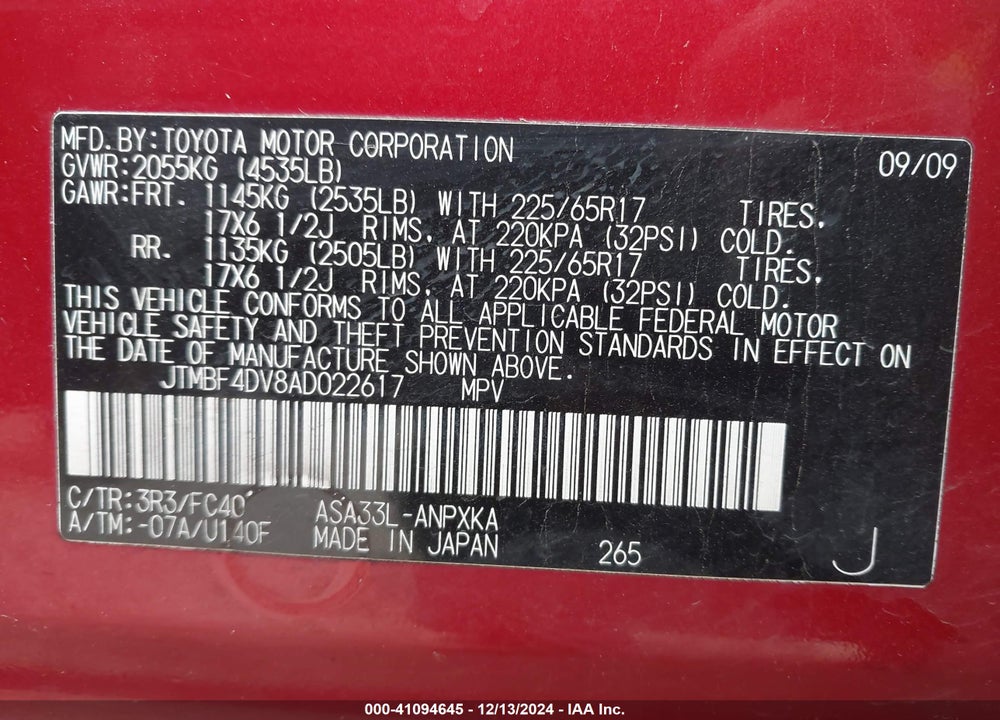 2010 TOYOTA RAV4 VIN: JTMBF4DV8AD022617