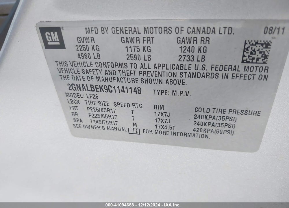 2012 CHEVROLET EQUINOX LS VIN: 2GNALBEK9C1141148