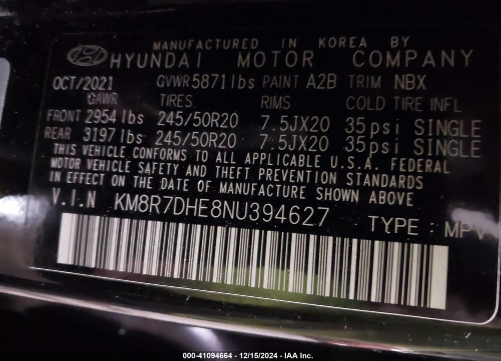 2022 HYUNDAI PALISADE CALLIGRAPHY VIN: KM8R7DHE8NU394627