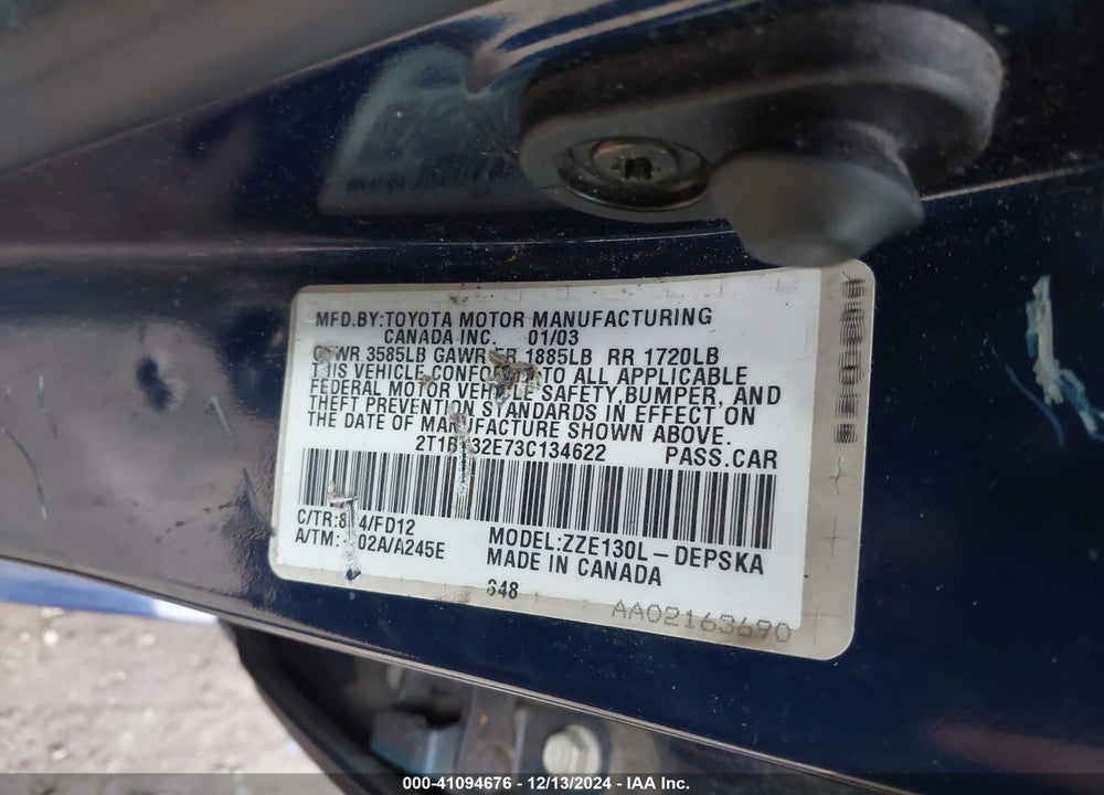 2003 TOYOTA COROLLA S VIN: 2T1BR32E73C134622