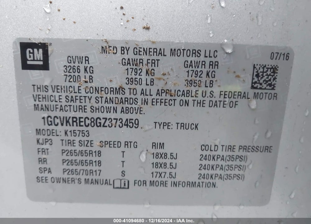 2016 CHEVROLET SILVERADO VIN: 1GCVKREC8GZ373459