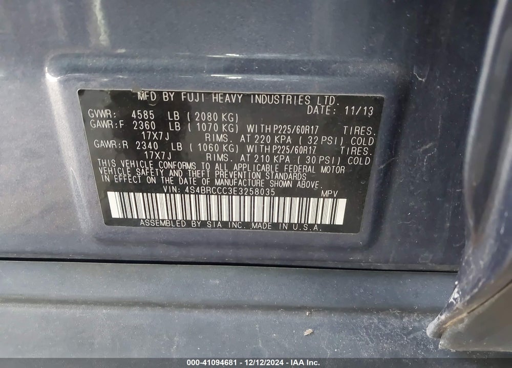 2014 SUBARU OUTBACK 2.5I PREMIUM VIN: 4S4BRCCC3E3258035