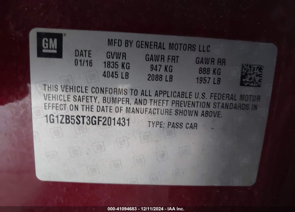 2016 CHEVROLET MALIBU LS VIN: 1G1ZB5ST3GF201431