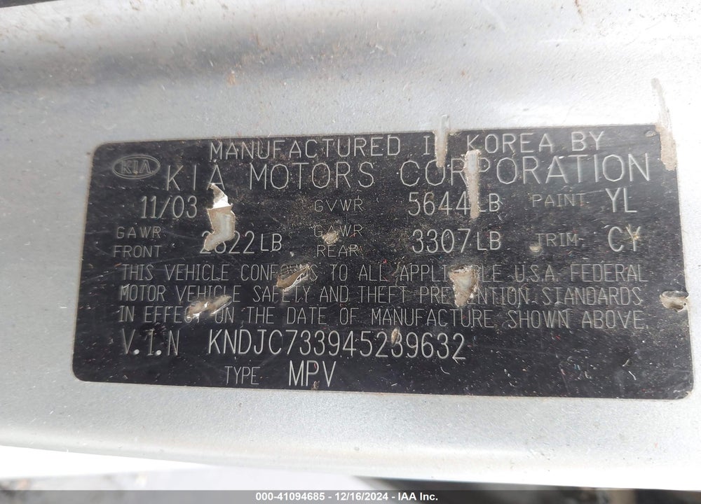 2004 KIA SORENTO EX/LX VIN: KNDJC733945239632