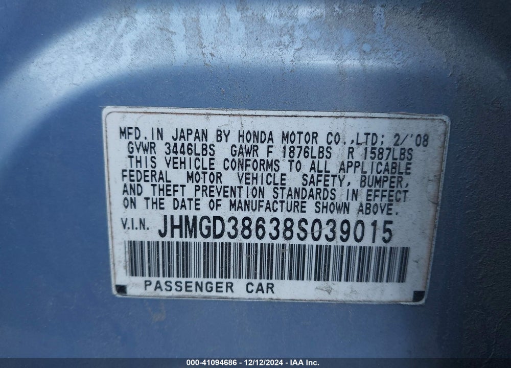 2008 HONDA FIT VIN: JHMGD38638S039015