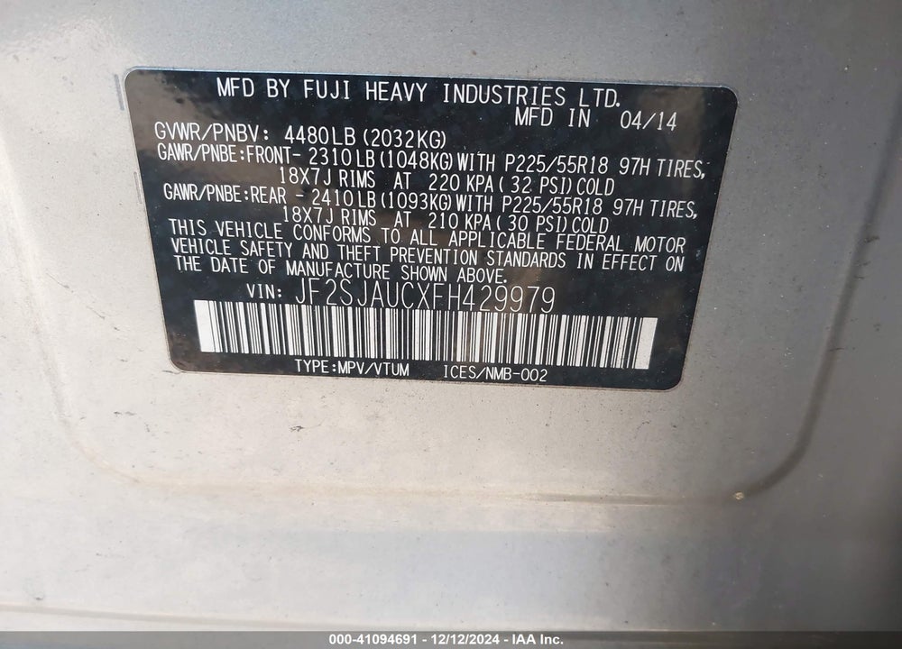 2015 SUBARU FORESTER 2.5I TOURING VIN: JF2SJAUCXFH429979
