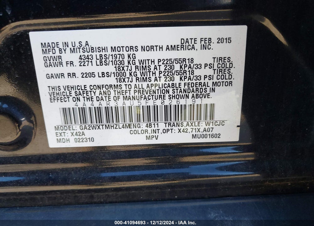 2015 MITSUBISHI OUTLANDER SPORT ES VIN: 4A4AR3AU5FE026191