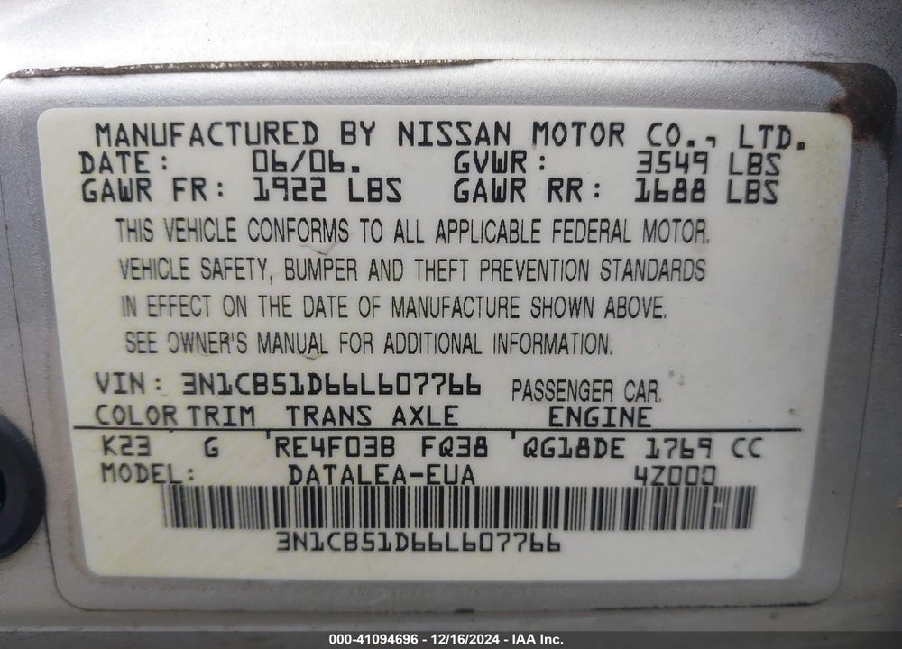 2006 NISSAN SENTRA 1.8S VIN: 3N1CB51D66L607766