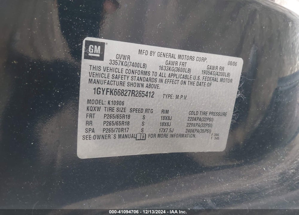 2007 CADILLAC ESCALADE ESV STANDARD VIN: 1GYFK66827R265412