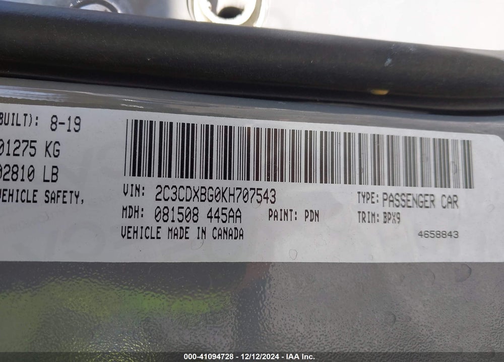 2019 DODGE CHARGER SXT RWD VIN: 2C3CDXBG0KH707543