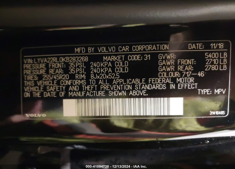 2019 VOLVO XC60 T6 INSCRIPTION VIN: LYVA22RL0KB283268