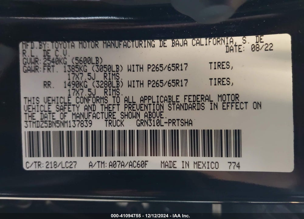 2022 TOYOTA TACOMA TRD SPORT VIN: 3TMDZ5BN5NM137839