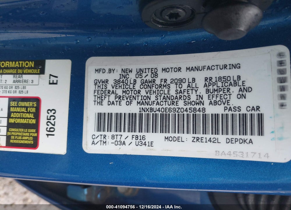 2009 TOYOTA COROLLA LE VIN: 1NXBU40E69Z045848