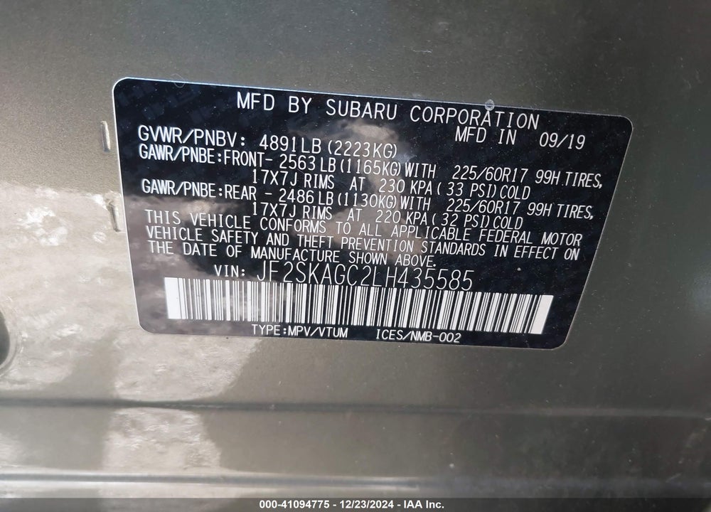 2020 SUBARU FORESTER PREMIUM VIN: JF2SKAGC2LH435585