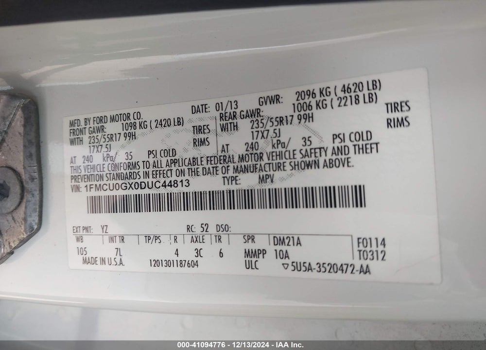2013 FORD ESCAPE SE VIN: 1FMCU0GX0DUC44813