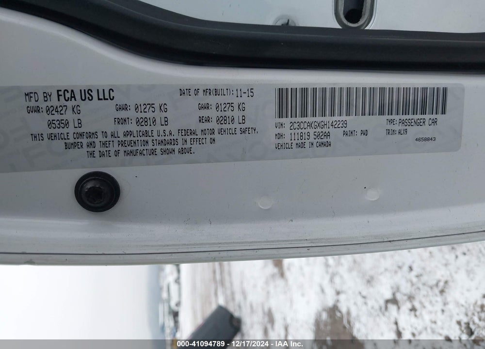 2016 CHRYSLER 300C VIN: 2C3CCAKGXGH142239