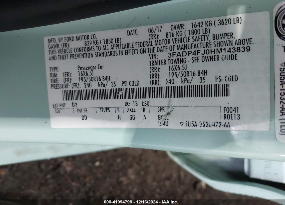 2017 FORD FIESTA TITANIUM VIN: 3FADP4FJ0HM143839