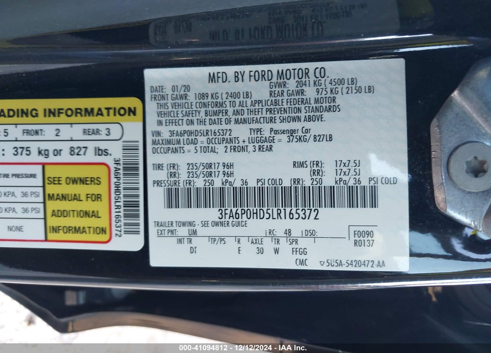 2020 FORD FUSION VIN: 3FA6P0HD5LR165372
